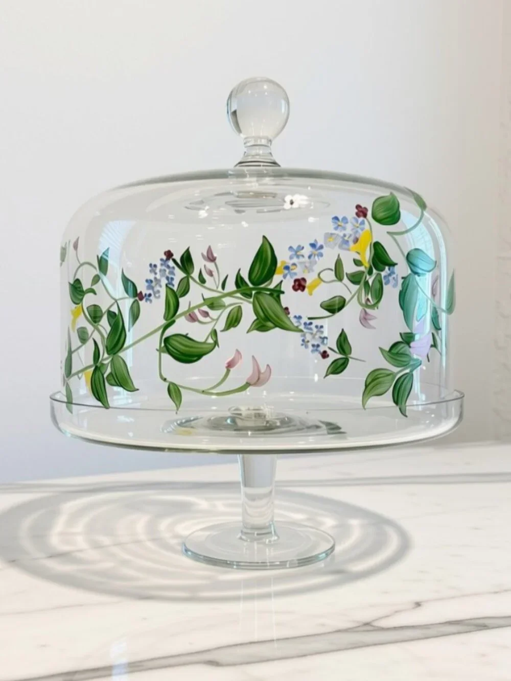 Hand-Painted Floral Glass Cake Stand with Dome
